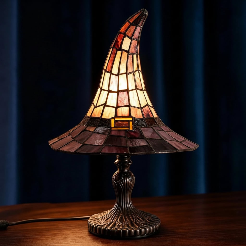 Halloween Stained Glass Table Lamp with Witch Hat Design and Tiffany Style Lampshade - Image 4