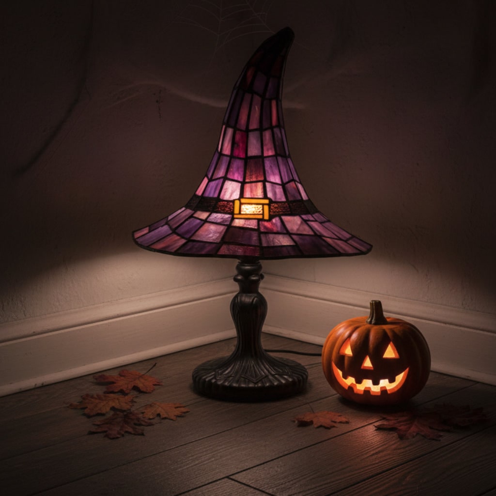 Halloween Stained Glass Table Lamp with Witch Hat Design and Tiffany Style Lampshade - Image 7