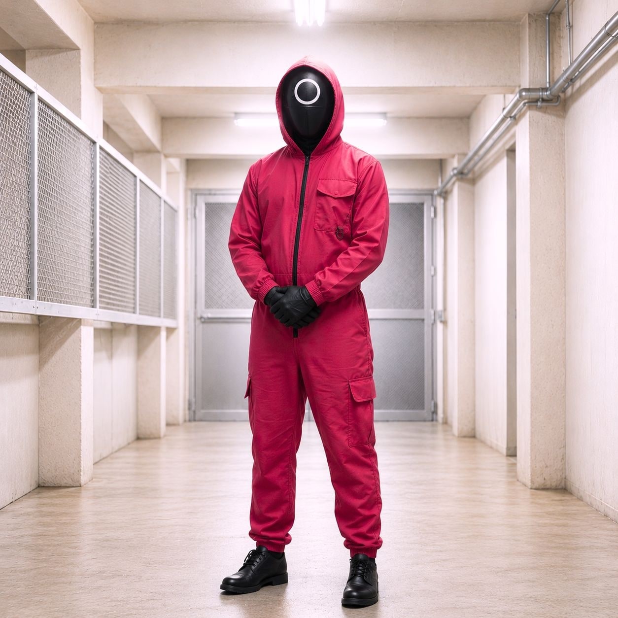Halloween survival game Costume Jumpsuit Outfit with Hooded Design Guard Mask and Belt - Image 4