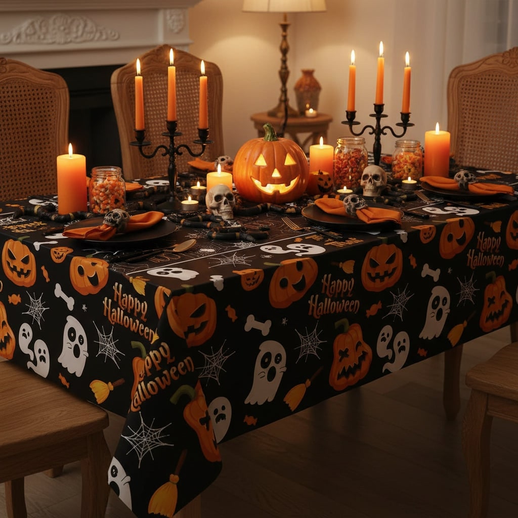 Halloween Tablecloth Disposable Plastic Table Cover with Pumpkin Ghost and Spiderweb Pattern - Image 1