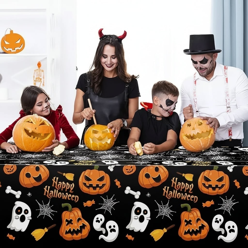 Halloween Tablecloth Disposable Plastic Table Cover with Pumpkin Ghost and Spiderweb Pattern - Image 2