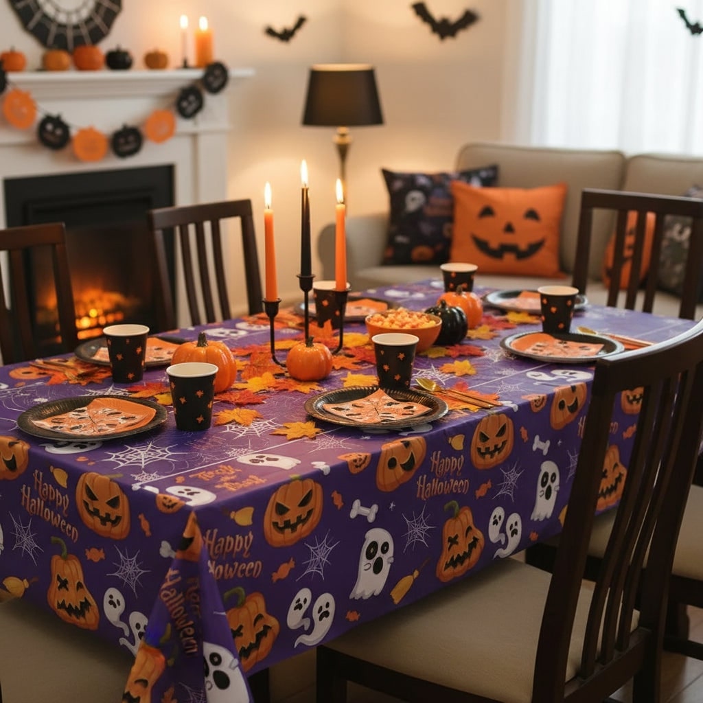 Halloween Tablecloth Disposable Plastic Table Cover with Pumpkin Ghost and Spiderweb Pattern - Image 3