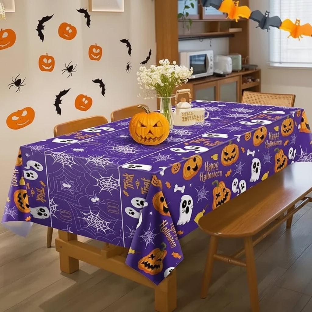 Halloween Tablecloth Disposable Plastic Table Cover with Pumpkin Ghost and Spiderweb Pattern - Image 4