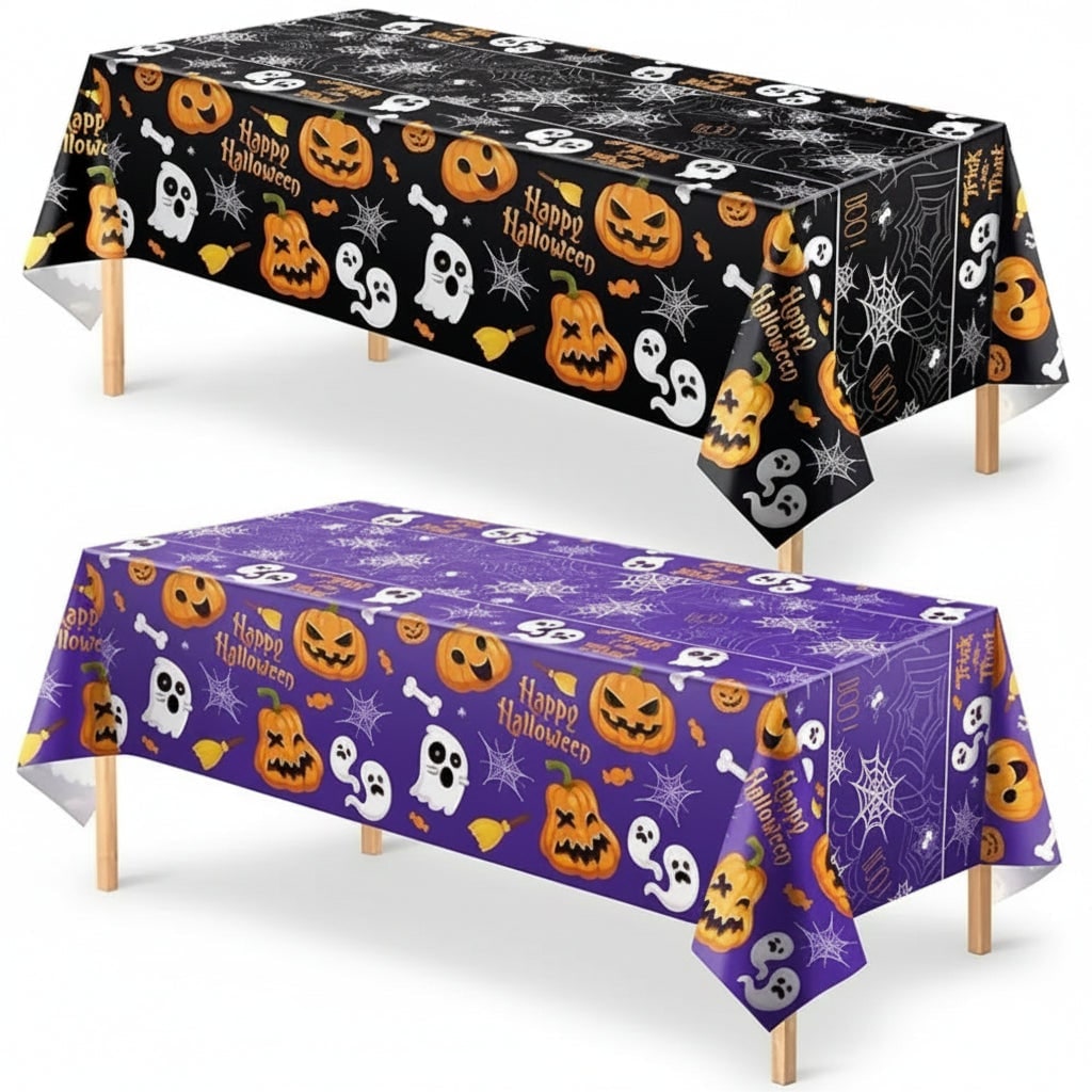 Halloween Tablecloth Disposable Plastic Table Cover with Pumpkin Ghost and Spiderweb Pattern - Image 5
