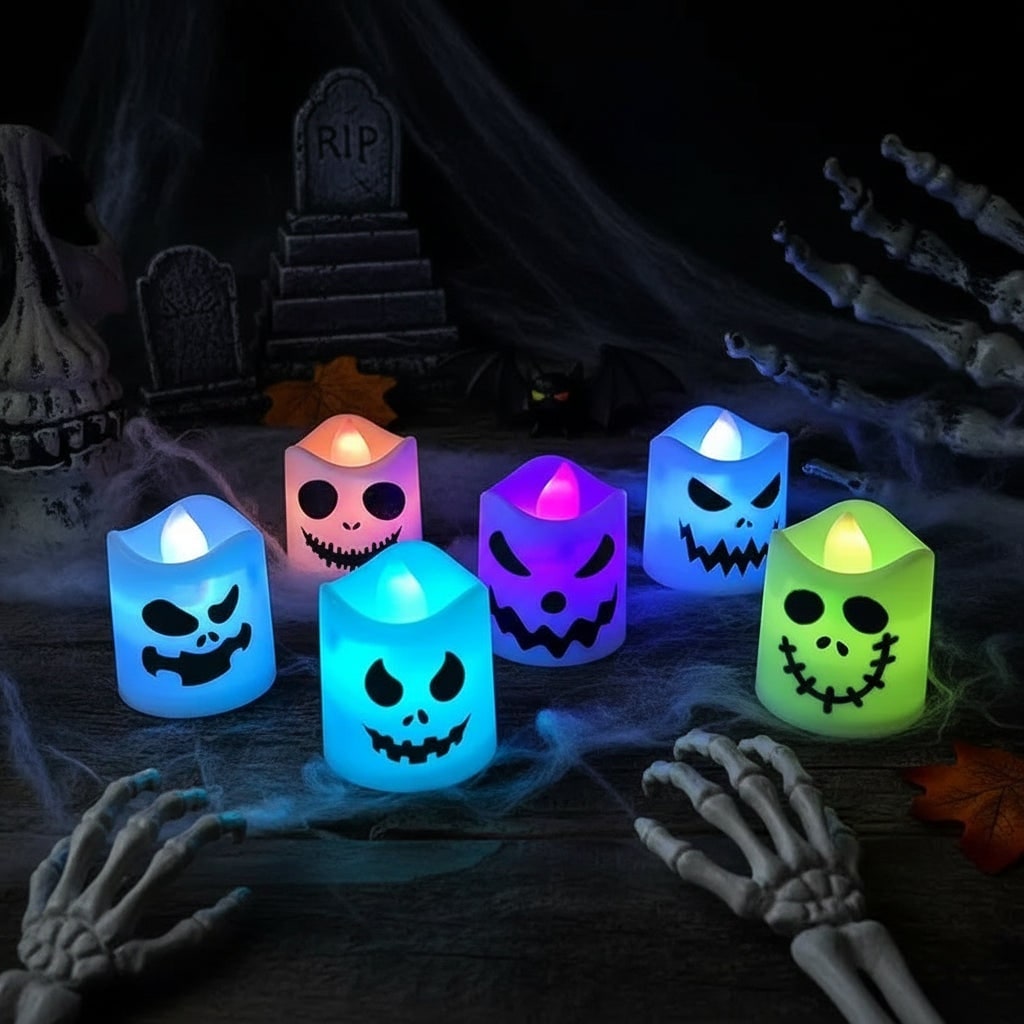 Halloween Tea Lights Battery Operated LED with Spooky Faces Flameless Candles Set of 6 - Image 1