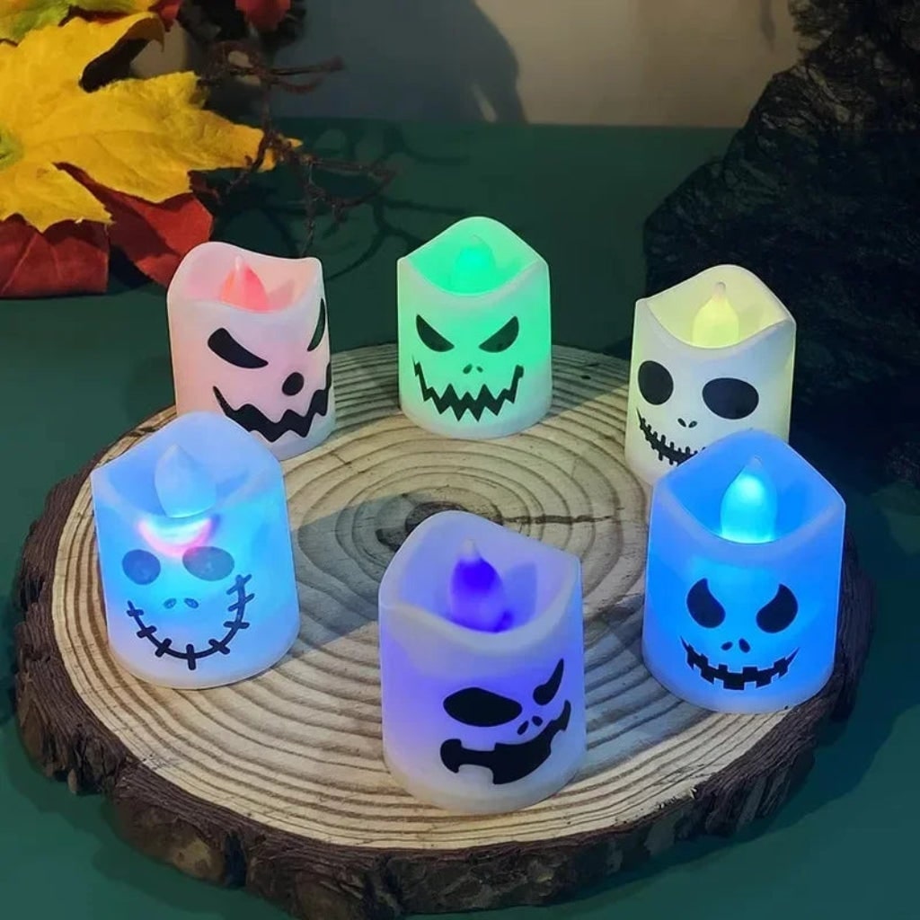 Halloween Tea Lights Battery Operated LED with Spooky Faces Flameless Candles Set of 6 - Image 3