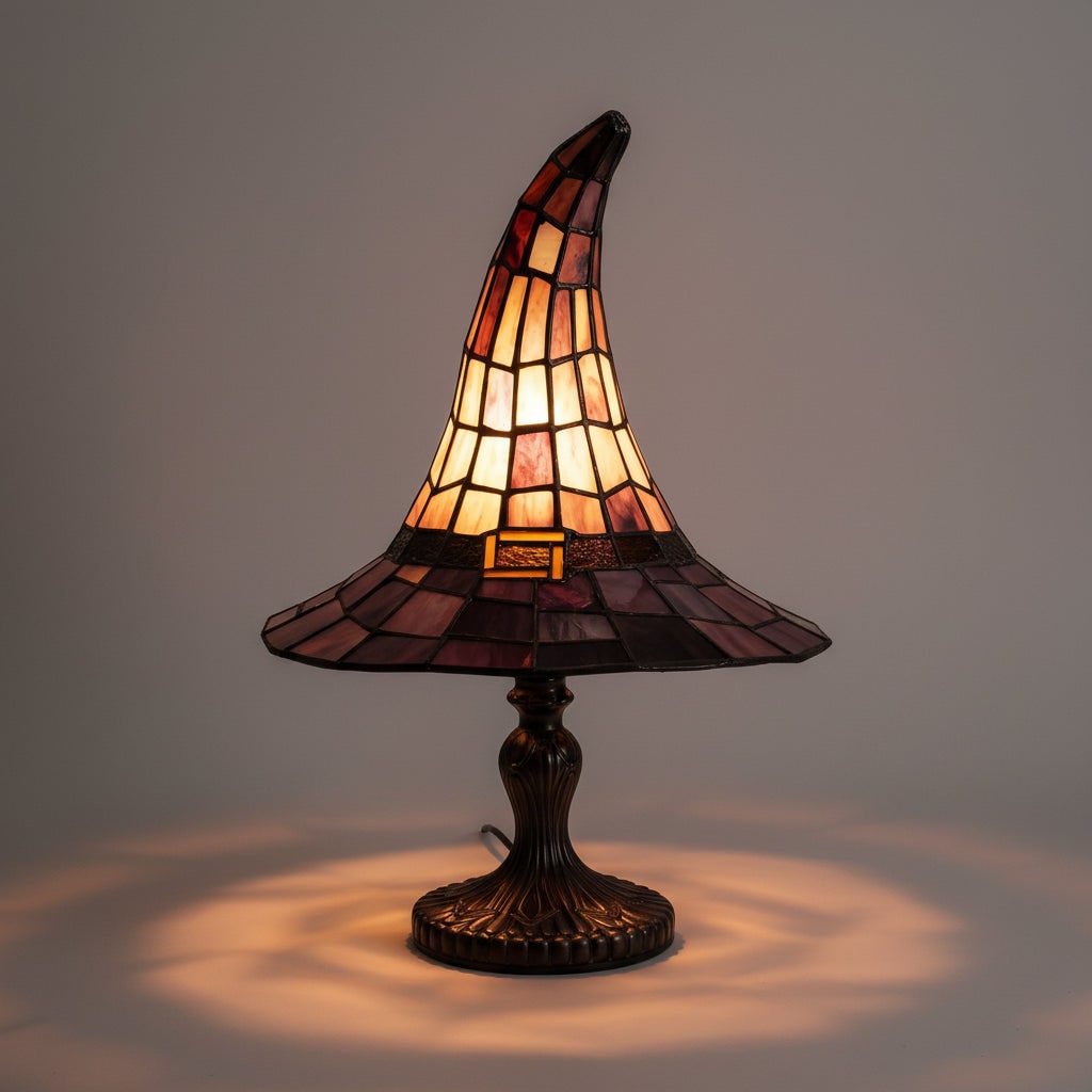 Halloween Tiffany Glass Witch Hat Table Lamp with Stained Shade and Bronze Base - Image 1