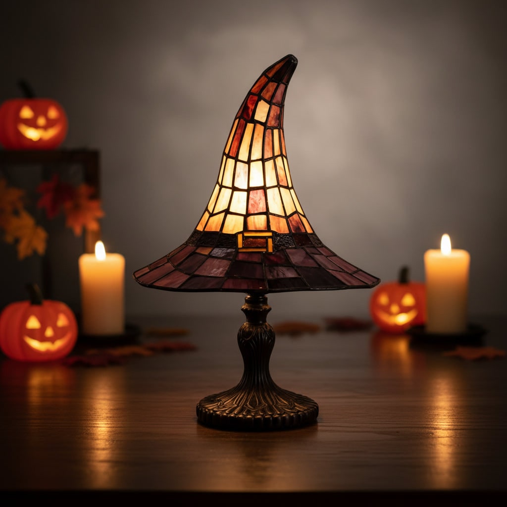 Halloween Tiffany Glass Witch Hat Table Lamp with Stained Shade and Bronze Base - Image 2