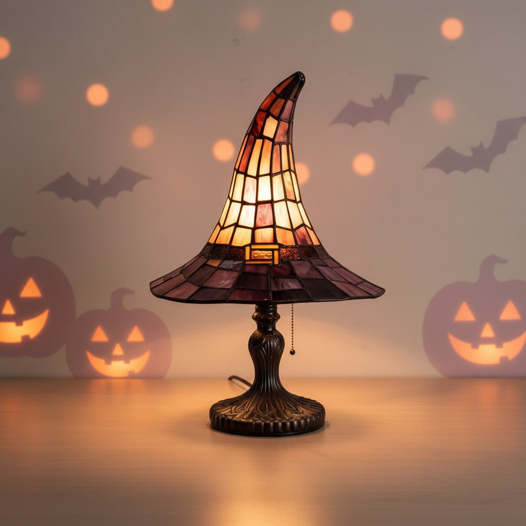 Halloween Tiffany Glass Witch Hat Table Lamp with Stained Shade and Bronze Base - Image 3