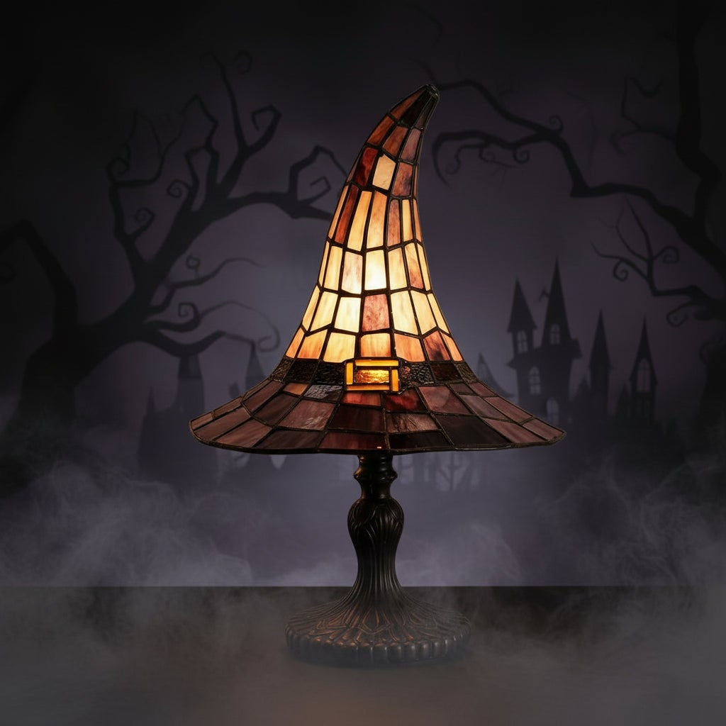 Halloween Tiffany Glass Witch Hat Table Lamp with Stained Shade and Bronze Base - Image 4