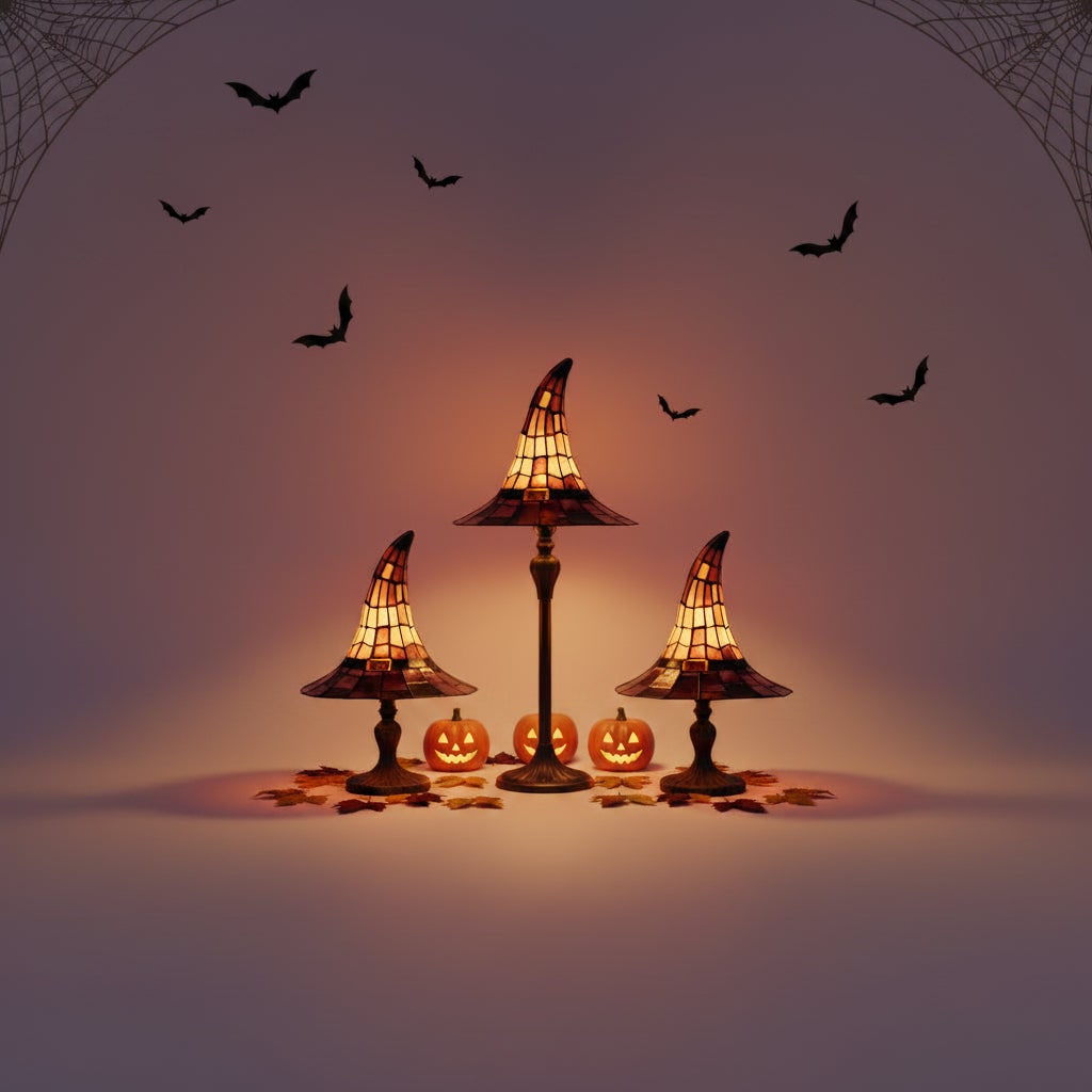 Halloween Tiffany Glass Witch Hat Table Lamp with Stained Shade and Bronze Base - Image 5