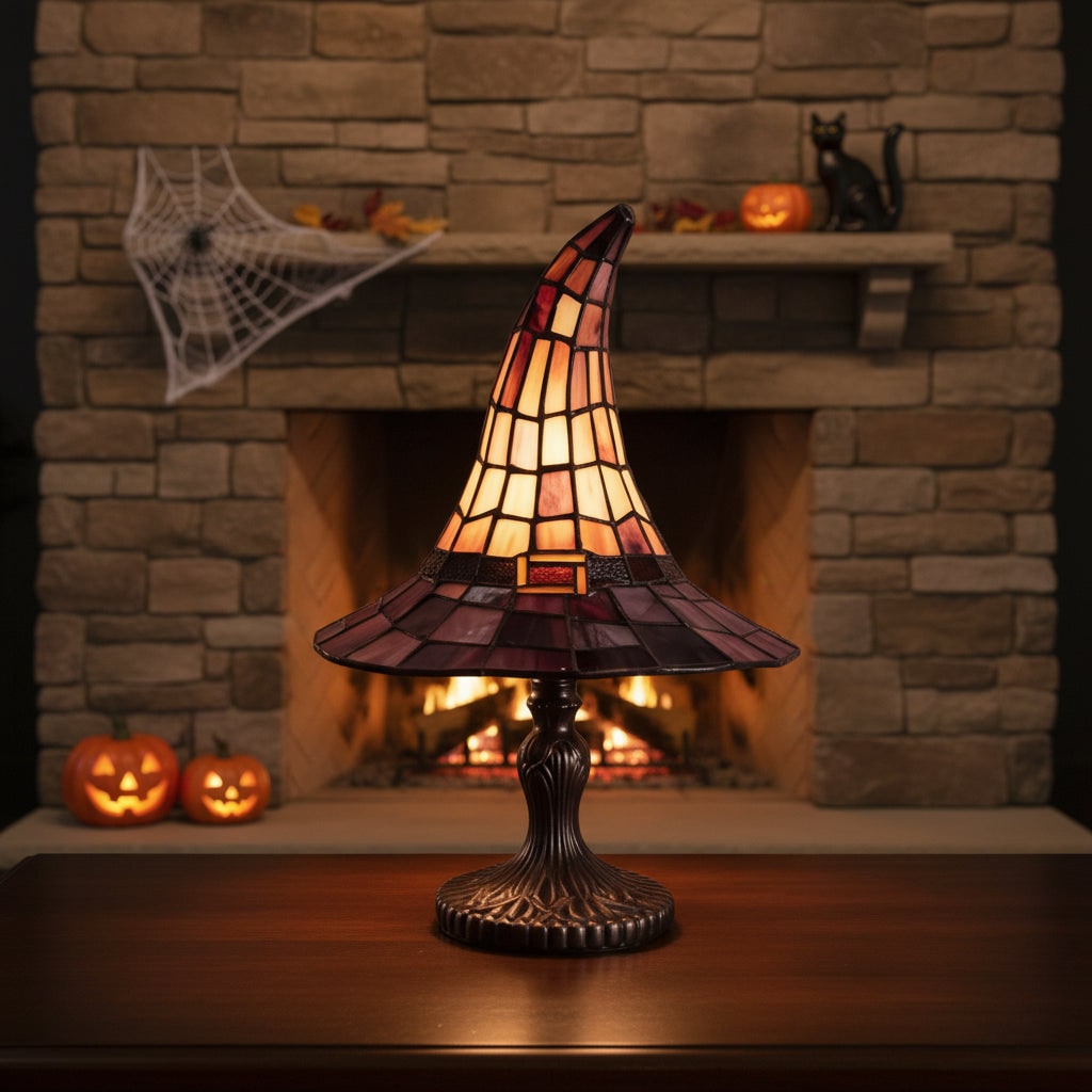 Halloween Tiffany Glass Witch Hat Table Lamp with Stained Shade and Bronze Base - Image 6