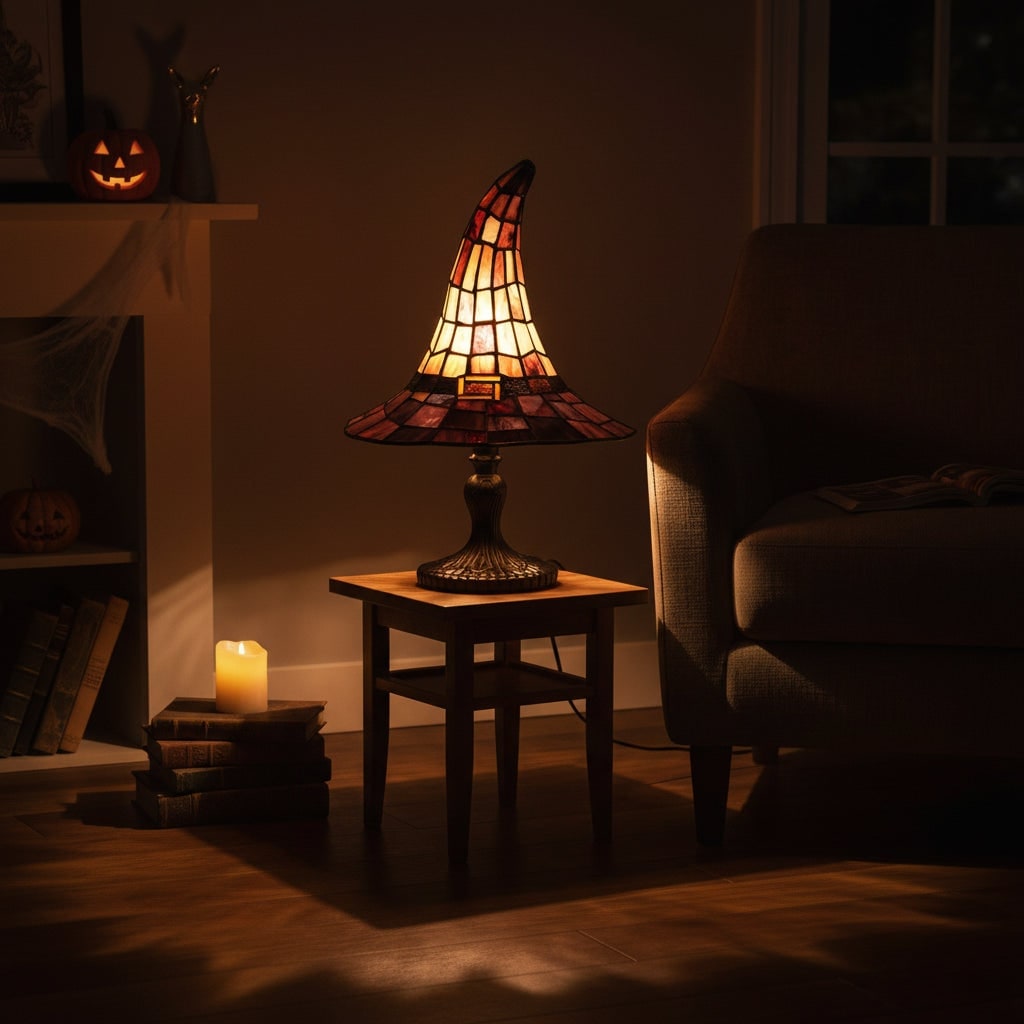 Halloween Tiffany Style Stained Glass Witch Hat Table Lamp with Warm Glow Bedside Set Of 2 - Image 1
