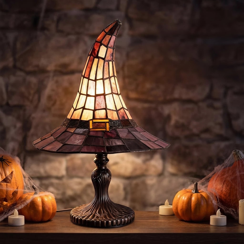 Halloween Tiffany Style Stained Glass Witch Hat Table Lamp with Warm Glow Bedside Set Of 2 - Image 2