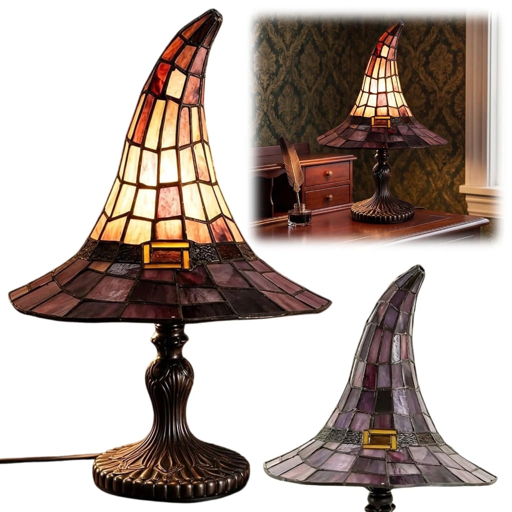 Halloween Tiffany Style Stained Glass Witch Hat Table Lamp with Warm Glow Bedside Set Of 2 - Image 3