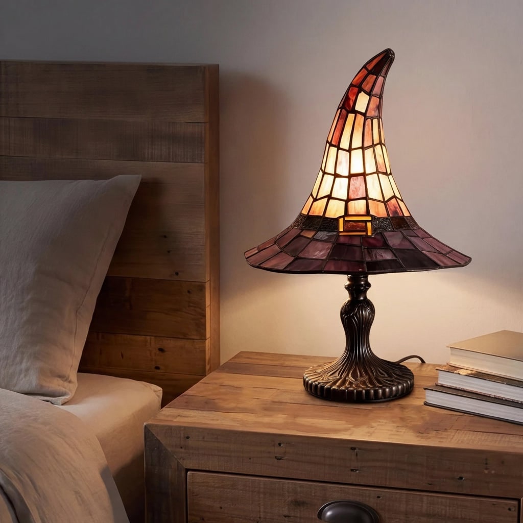 Halloween Tiffany Style Stained Glass Witch Hat Table Lamp with Warm Glow Bedside Set Of 2 - Image 4