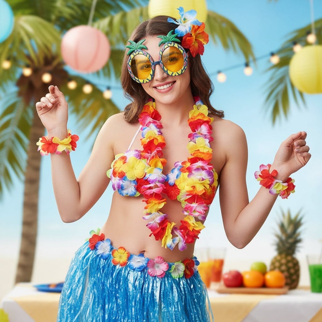 Halloween Two Piece Skirt and Top Matching Set Hawaiian Hula Costume with Grass Flower Lei - Image 1