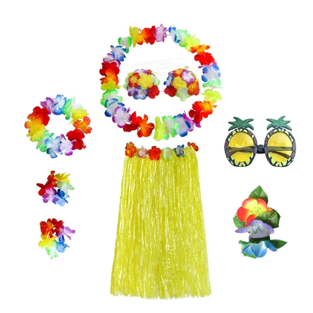 Halloween Two Piece Skirt and Top Matching Set Hawaiian Hula Costume with Grass Flower Lei - Image 10