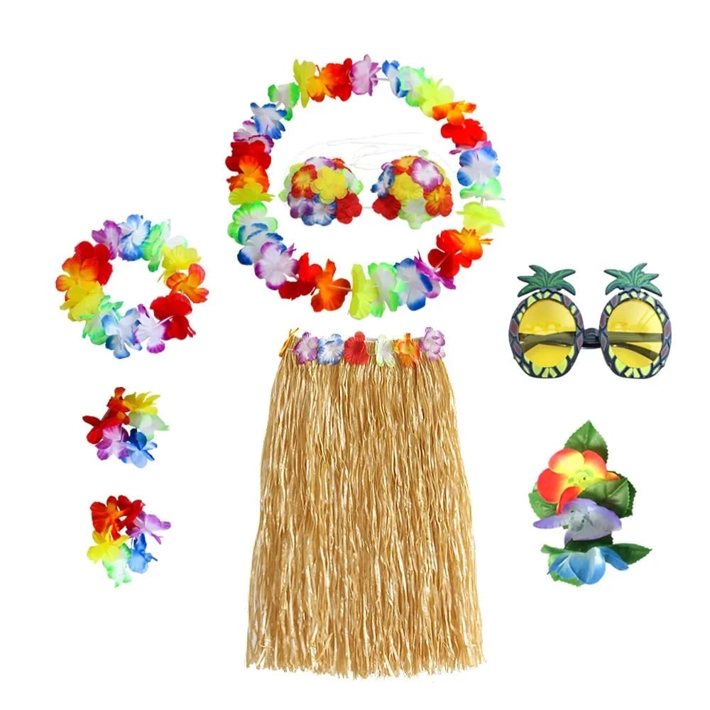 Halloween Two Piece Skirt and Top Matching Set Hawaiian Hula Costume with Grass Flower Lei - Image 11
