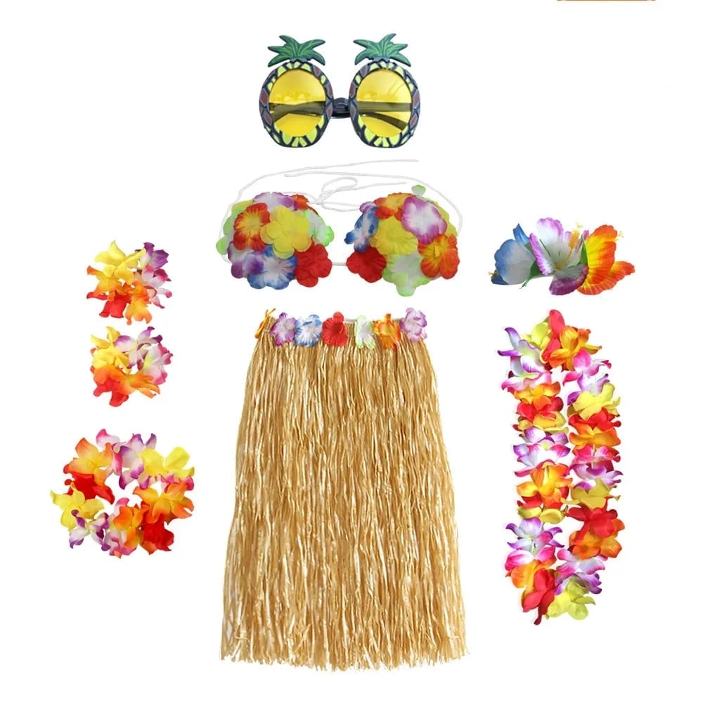 Halloween Two Piece Skirt and Top Matching Set Hawaiian Hula Costume with Grass Flower Lei - Image 12