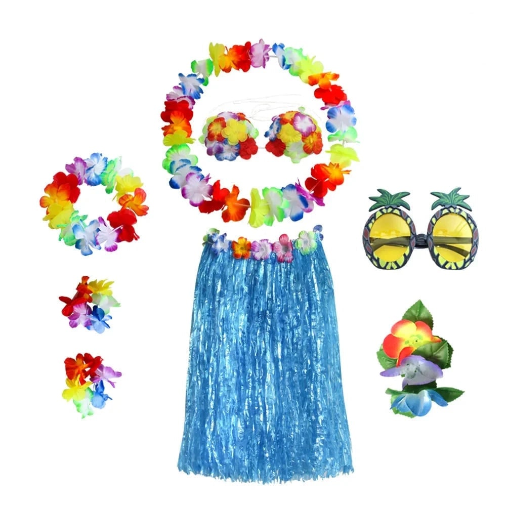 Halloween Two Piece Skirt and Top Matching Set Hawaiian Hula Costume with Grass Flower Lei - Image 2