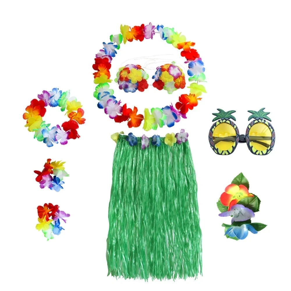 Halloween Two Piece Skirt and Top Matching Set Hawaiian Hula Costume with Grass Flower Lei - Image 3