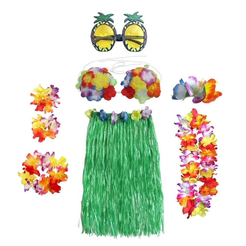 Halloween Two Piece Skirt and Top Matching Set Hawaiian Hula Costume with Grass Flower Lei - Image 4