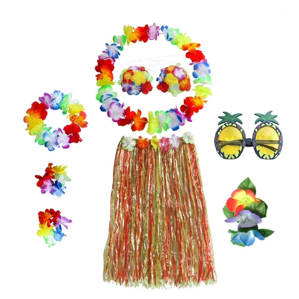 Halloween Two Piece Skirt and Top Matching Set Hawaiian Hula Costume with Grass Flower Lei - Image 5