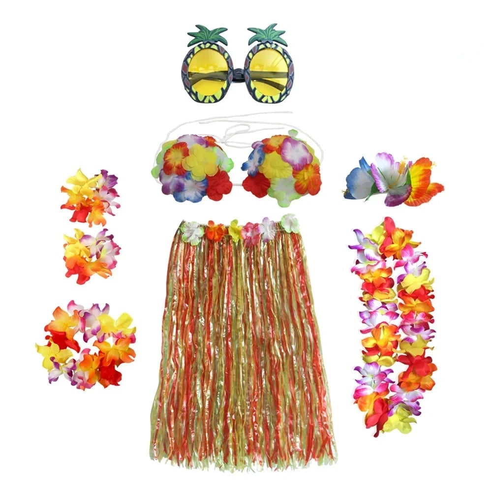 Halloween Two Piece Skirt and Top Matching Set Hawaiian Hula Costume with Grass Flower Lei - Image 6