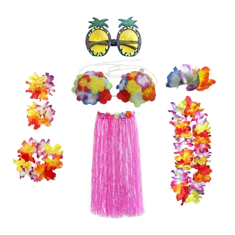 Halloween Two Piece Skirt and Top Matching Set Hawaiian Hula Costume with Grass Flower Lei - Image 7