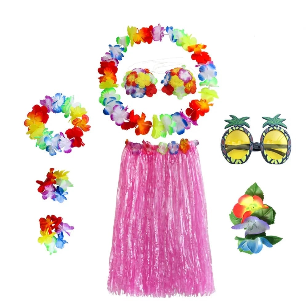 Halloween Two Piece Skirt and Top Matching Set Hawaiian Hula Costume with Grass Flower Lei - Image 8