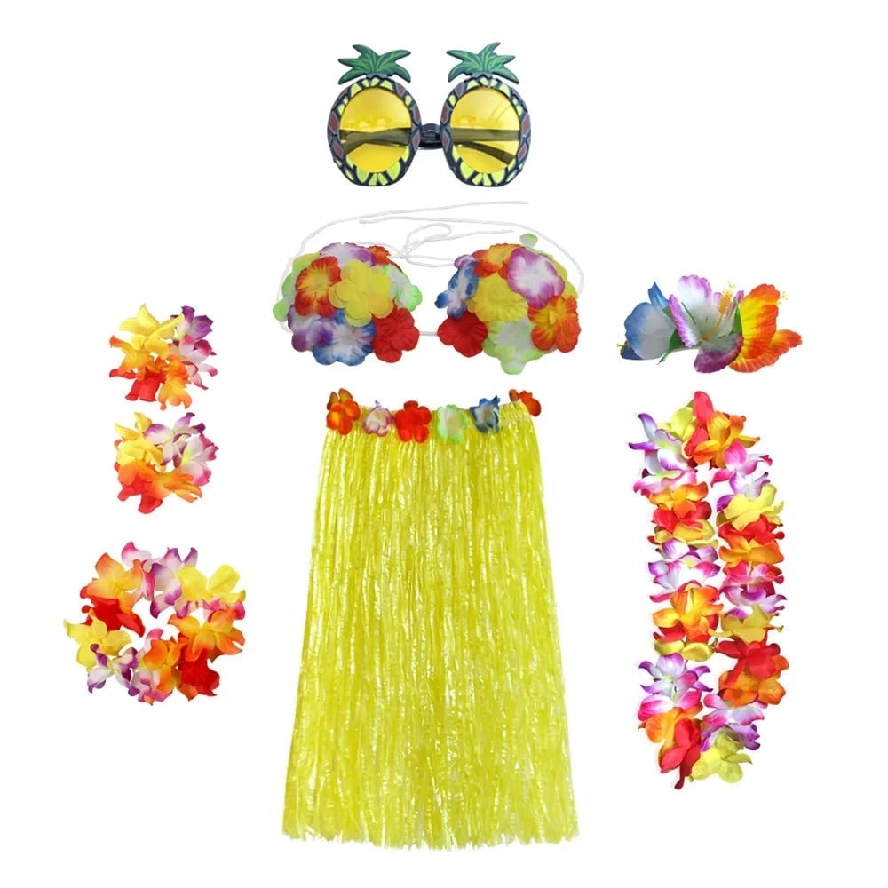 Halloween Two Piece Skirt and Top Matching Set Hawaiian Hula Costume with Grass Flower Lei - Image 9