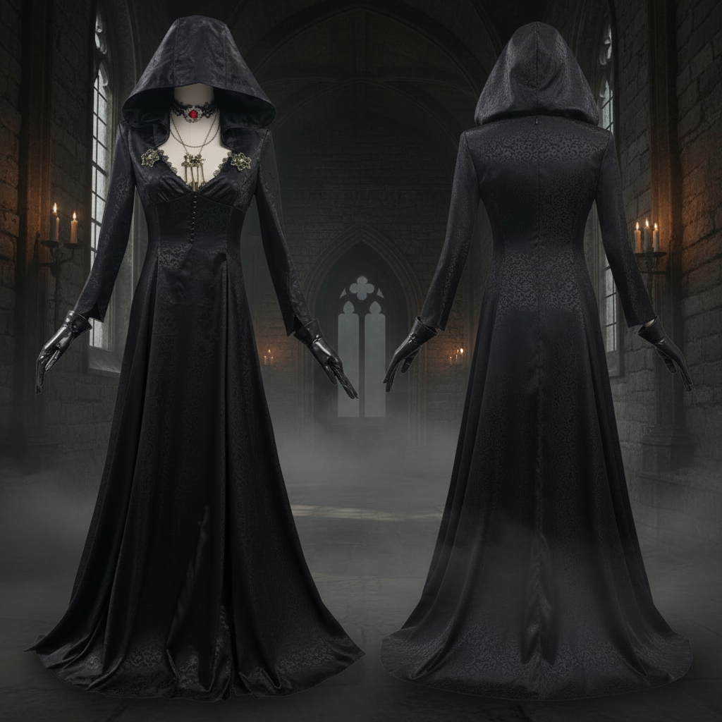 Halloween Vampire Costume Gothic Dress Outfit with Hood Choker - Image 1