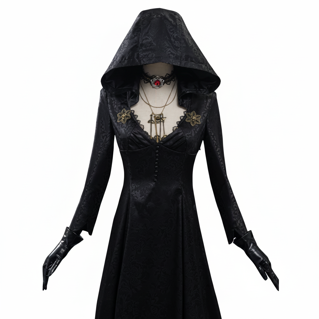 Halloween Vampire Costume Gothic Dress Outfit with Hood Choker - Image 3