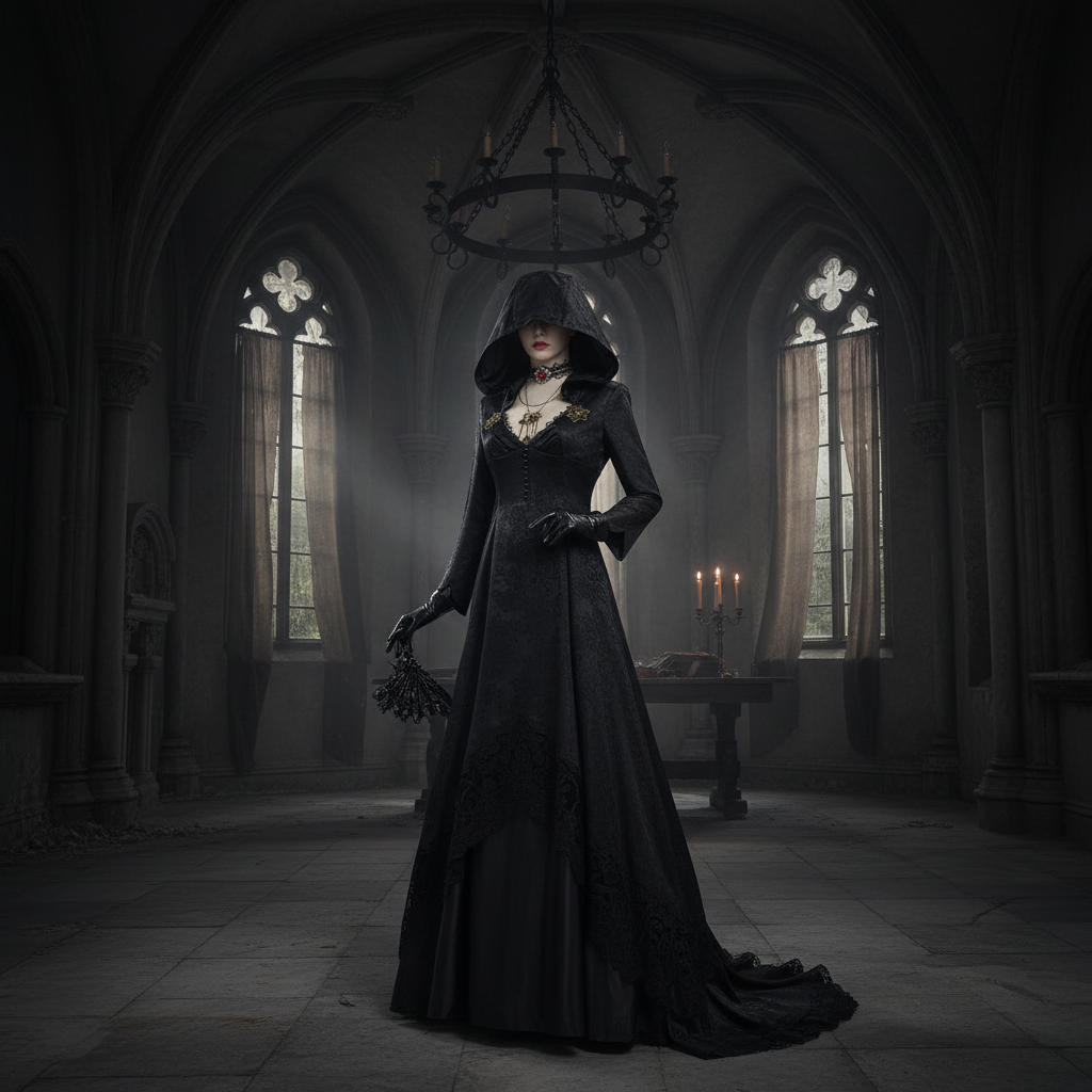 Halloween Vampire Costume Gothic Hooded Black Dress with Lace Choker Pendant and Gloves - Image 1
