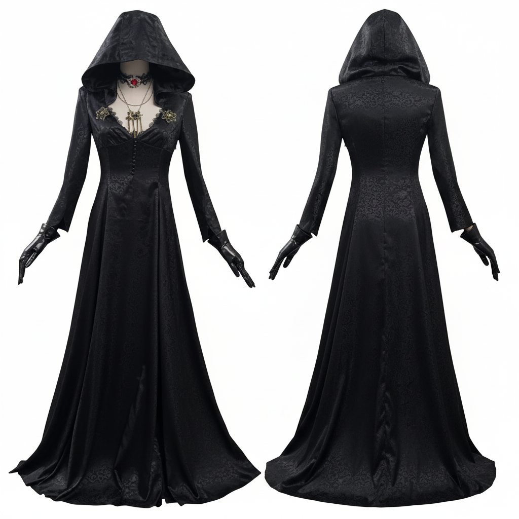 Halloween Vampire Costume Gothic Hooded Black Dress with Lace Choker Pendant and Gloves - Image 2