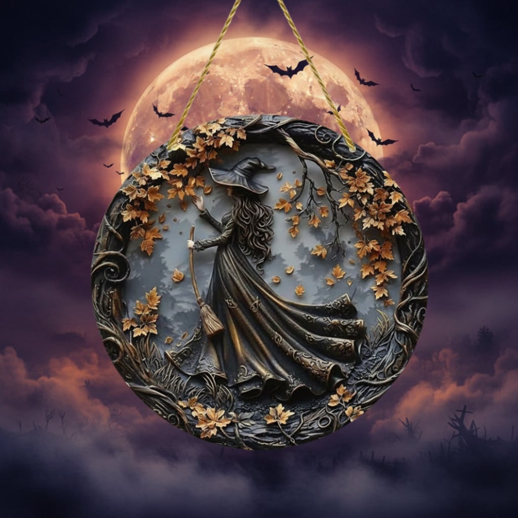 Halloween Wall Art Plaque with 3D Witch Relief and Autumn Leaves for Decor Panel - Image 2
