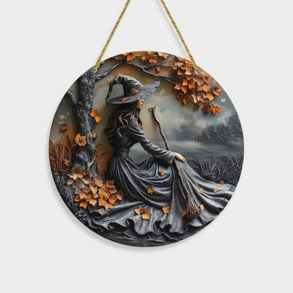 Halloween Wall Art Plaque with 3D Witch Relief and Autumn Leaves for Decor Panel - Image 3