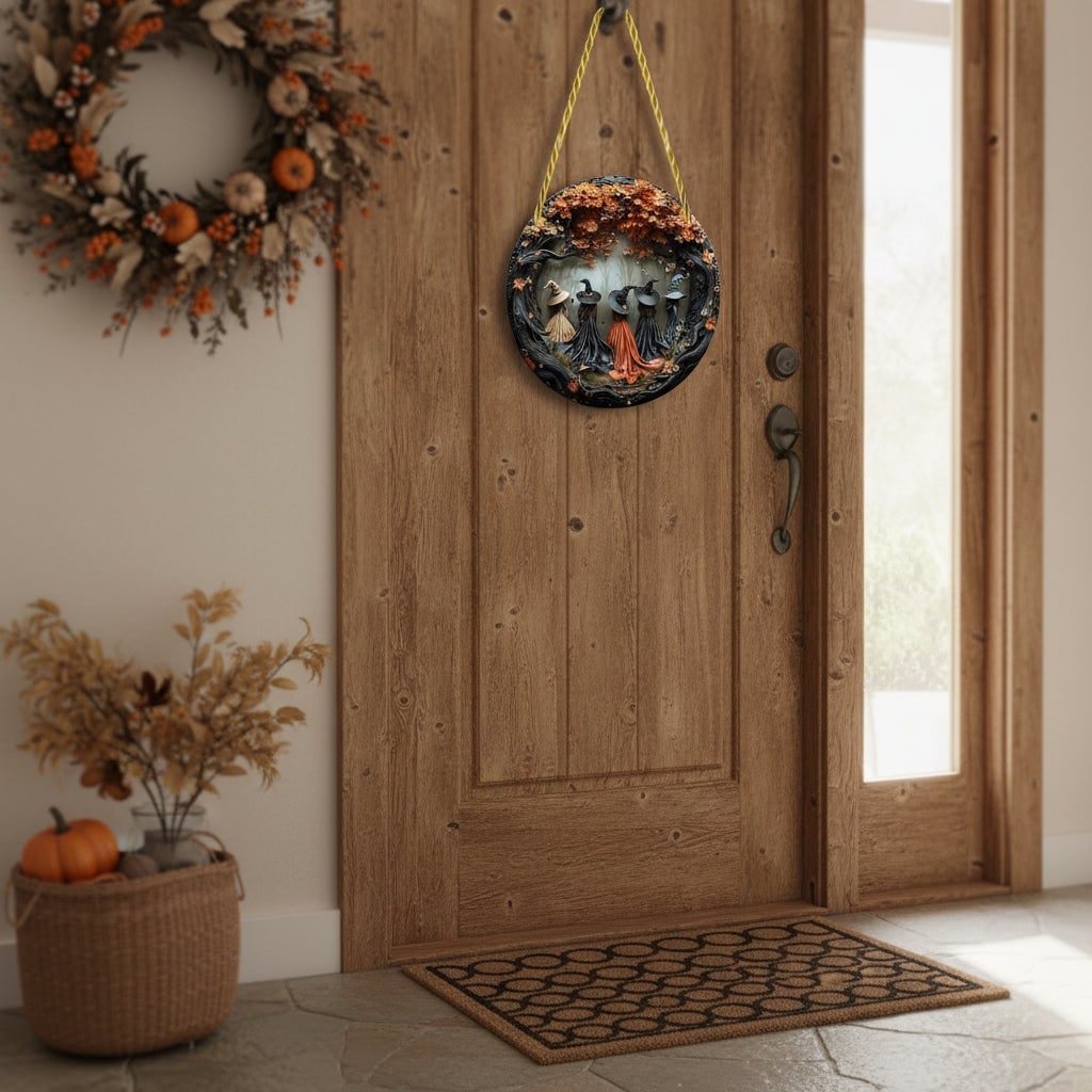 Halloween Wall Decor Panel with 3D Witch Relief Art for Bathroom Kitchen and Bedroom Wood - Image 1