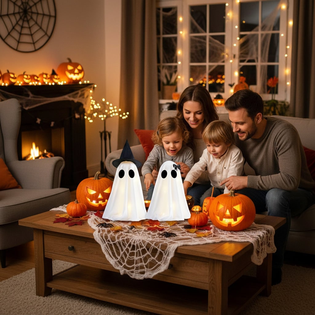 Halloween Warm White Lights Ghost Decor Set of Two Up Figures for Indoor Decoration Inflatable - Image 1