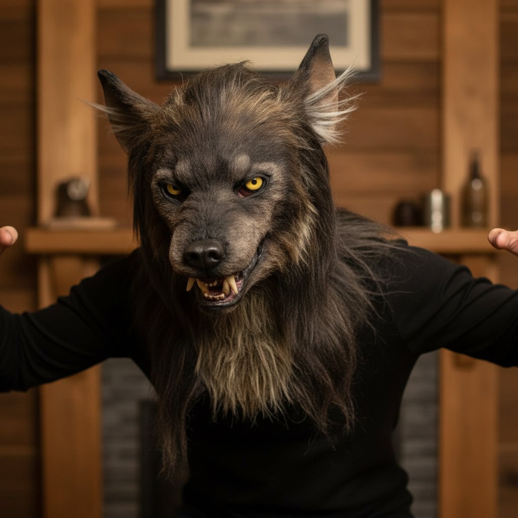 Halloween Werewolf Mask Realistic Wolf Costume with Fangs and Faux Fur Day Of The Dead - Image 1