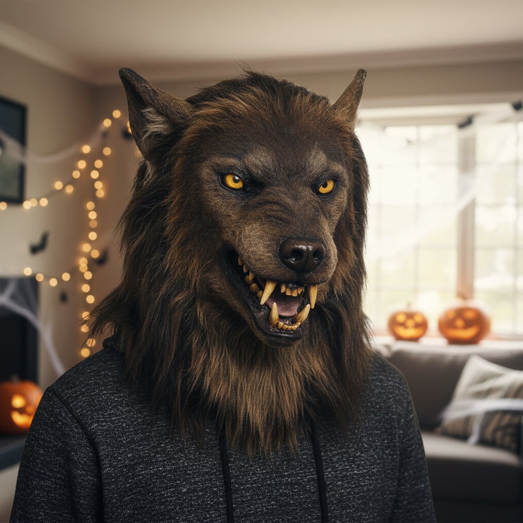 Halloween Werewolf Mask Realistic Wolf Costume with Fangs and Faux Fur Day Of The Dead - Image 4