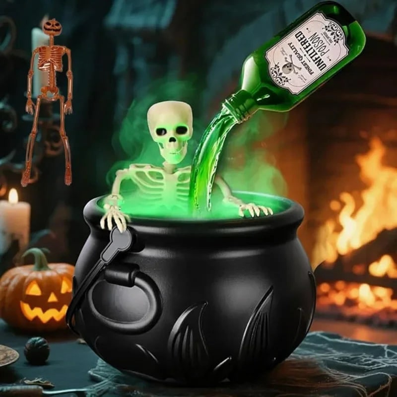 Halloween Witch Cauldron Decoration Fog Machine LED Lights and Floating Bottle Prop - Image 1