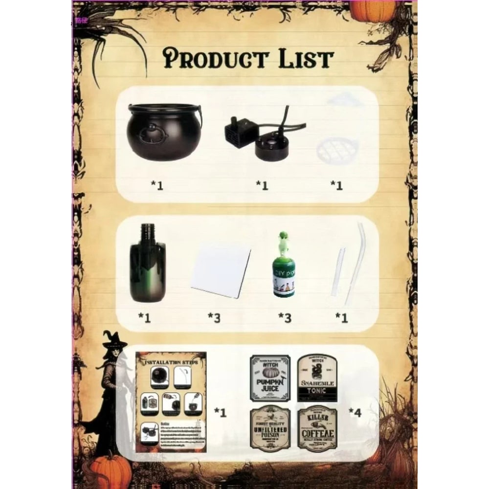 Halloween Witch Cauldron Decoration Fog Machine LED Lights and Floating Bottle Prop - Image 14