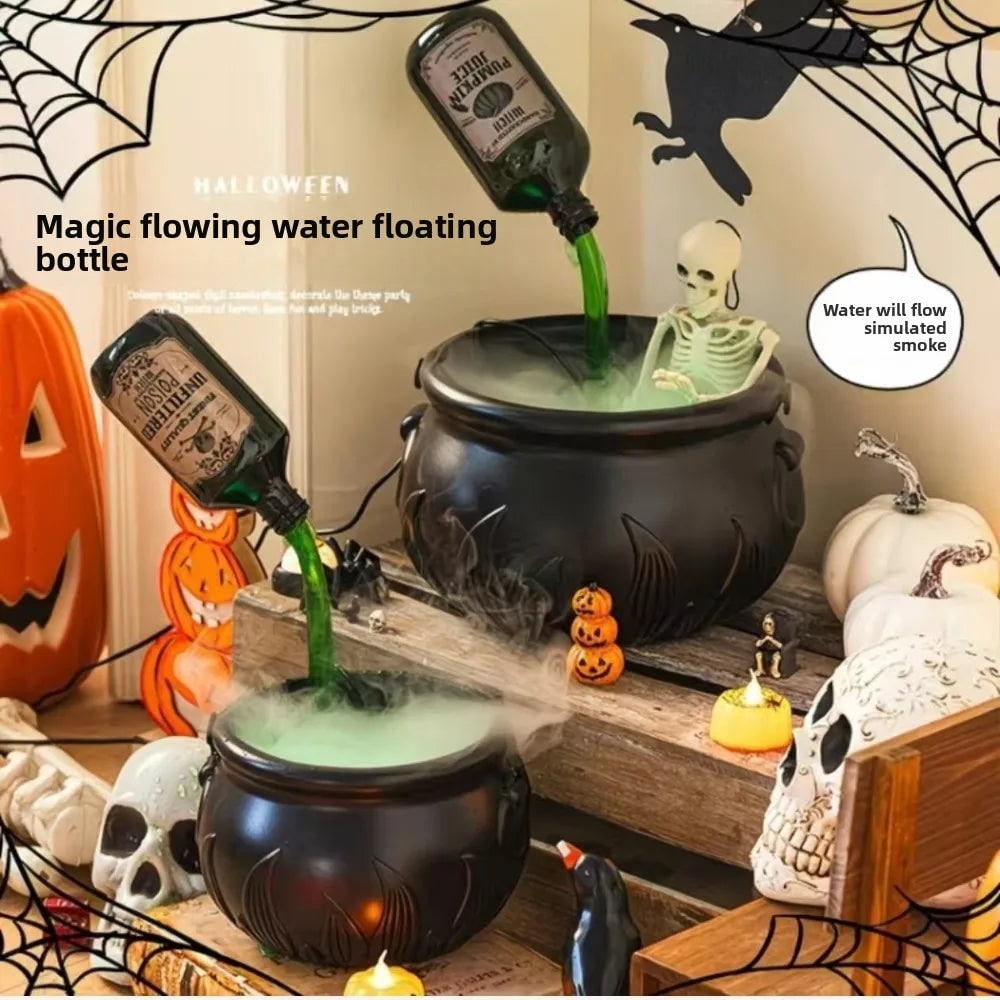 Halloween Witch Cauldron Decoration Fog Machine LED Lights and Floating Bottle Prop - Image 2