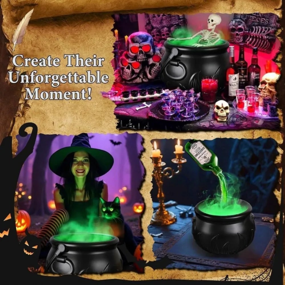 Halloween Witch Cauldron Decoration Fog Machine LED Lights and Floating Bottle Prop - Image 3