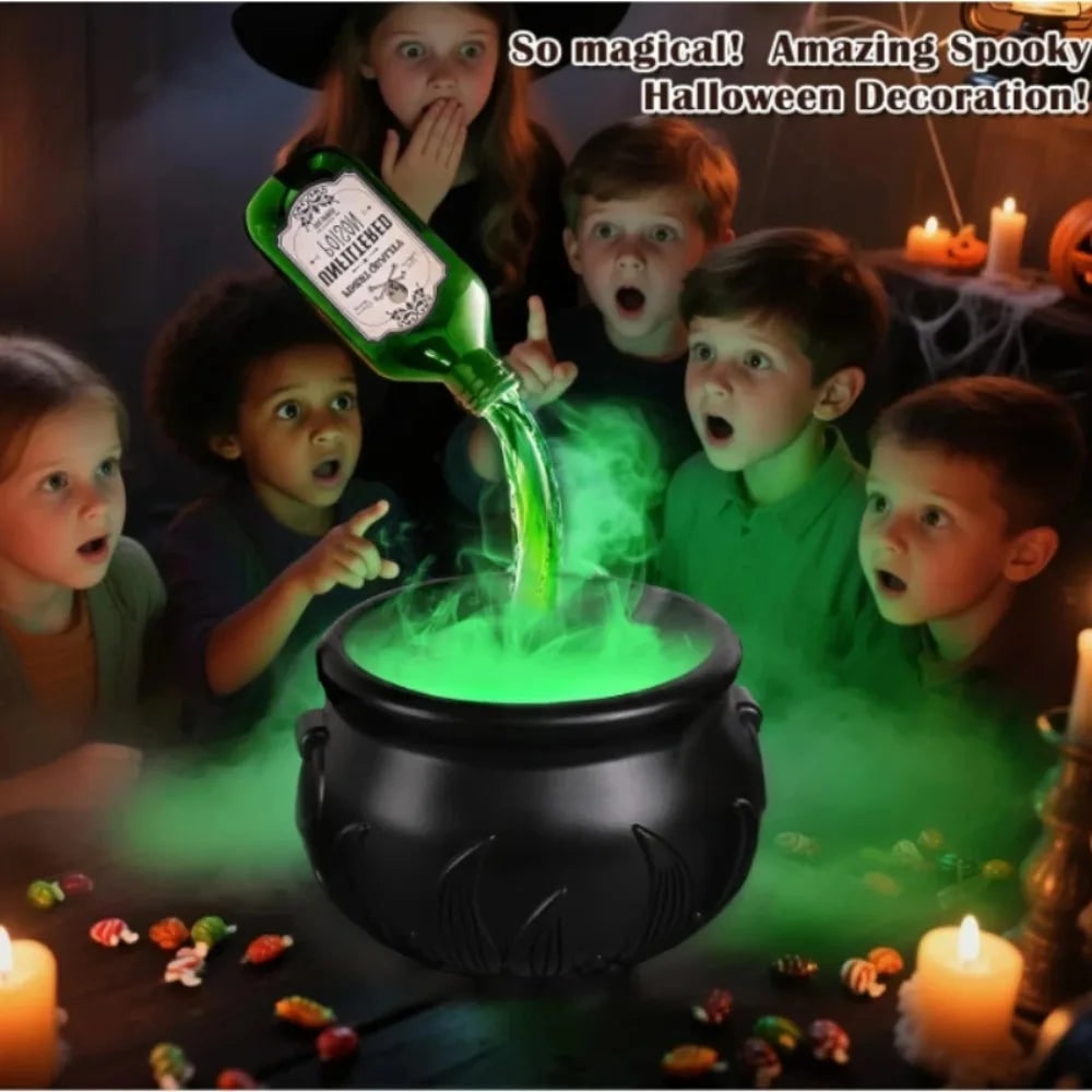 Halloween Witch Cauldron Decoration Fog Machine LED Lights and Floating Bottle Prop - Image 4