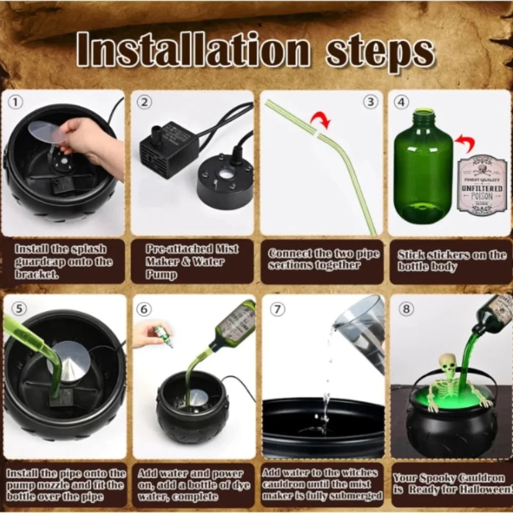 Halloween Witch Cauldron Decoration Fog Machine LED Lights and Floating Bottle Prop - Image 5