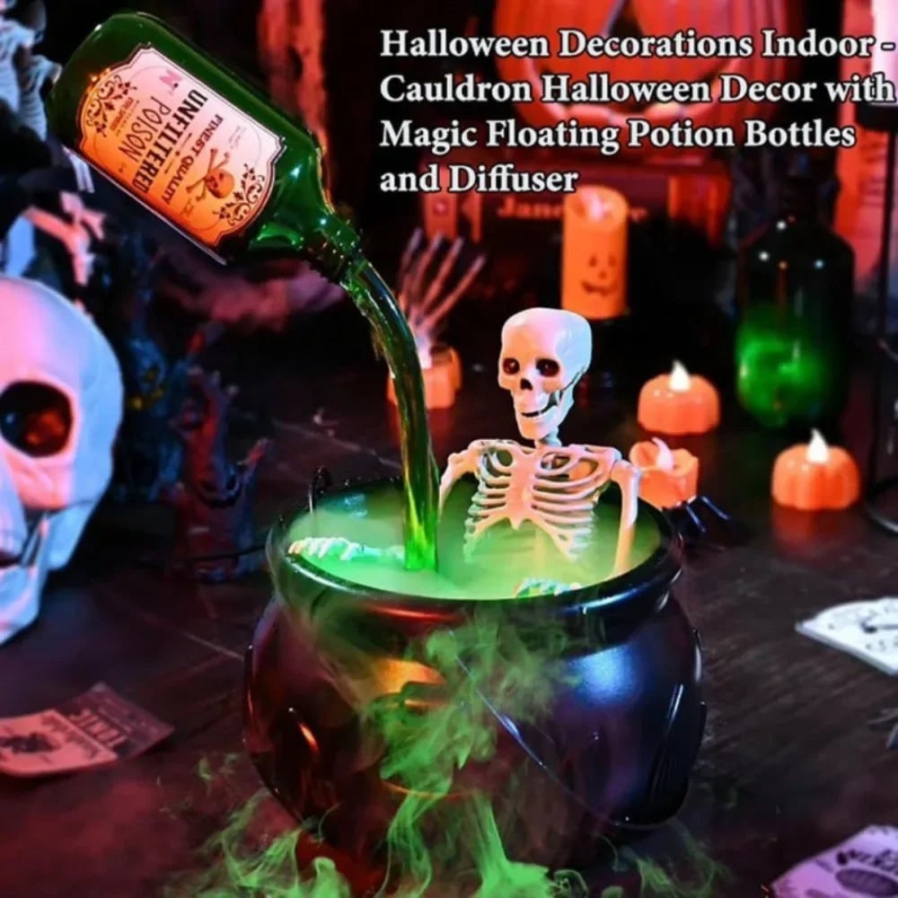 Halloween Witch Cauldron Decoration Fog Machine LED Lights and Floating Bottle Prop - Image 8