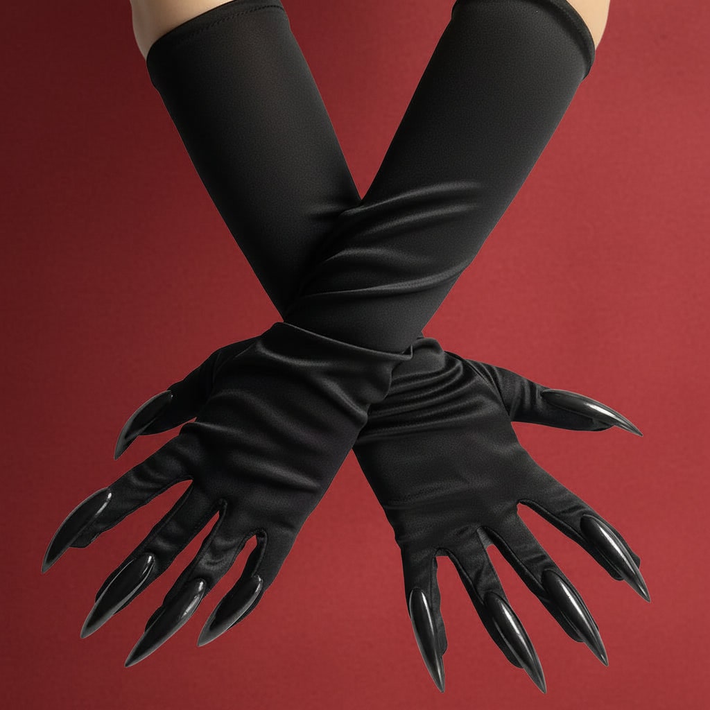 Halloween Witch Costume Claw Gloves Long Black Satin with Attached Talons Elbow Length - Image 1